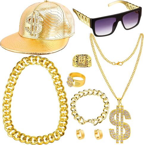 إكسسوارات مغني الراب في الثمانينيات والتسعينيات للرجال، قبعة هيب هوب، نظارات شمسية لمغني الراب في المدرسة القديمة، سوار سلسلة من الذهب الصناعي، سوار بعلامة الدولار، سلسلة حلقية لتزيين الحفلات in Kuwait