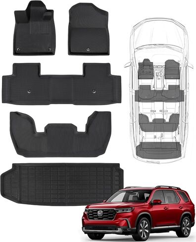 سجادات أرضية لسيارة Honda Pilot 2023 2024، ملحقات OEM داخلية للسيارة مناسبة لجميع الأحوال الجوية للحماية الكاملة، XPE مخصصة مناسبة لسجادات أرضية الركاب Honda Pilot 7/8 وبطانة صندوق البضائع (مجموعة 5 قطع) in Kuwait