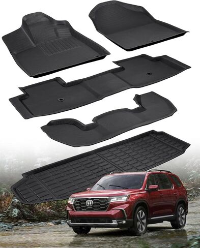 سجادات أرضية لسيارة Honda Pilot 2023 2024، ملحقات OEM داخلية للسيارة مناسبة لجميع الأحوال الجوية للحماية الكاملة، XPE مخصصة مناسبة لسجادات أرضية الركاب Honda Pilot 7/8 وبطانة صندوق البضائع (مجموعة 5 قطع) in Kuwait