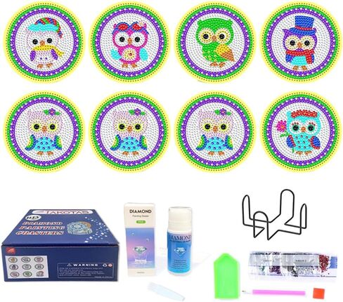 Takotas Kit of 8 PCS Diamond Coasters: Art, Painting, Various Designs for Adults and Kids, Holder Included, DIY Fun, Non-Slip, Art, Painting, Craft, (OWL) in Saudi Arabia