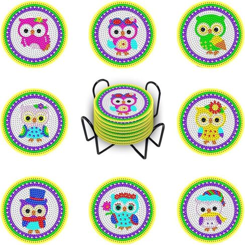 Takotas Kit of 8 PCS Diamond Coasters: Art, Painting, Various Designs for Adults and Kids, Holder Included, DIY Fun, Non-Slip, Art, Painting, Craft, (OWL) in Saudi Arabia