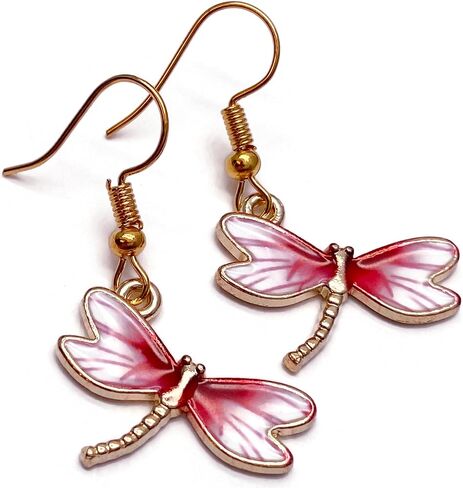Dragonfly Pink Enamel Charm Earrings - Elegant Enamel Charms on Nickel Free Gold Hooks : 38mm in Saudi Arabia