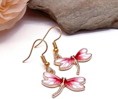 Dragonfly Pink Enamel Charm Earrings - Elegant Enamel Charms on Nickel Free Gold Hooks : 38mm in Saudi Arabia