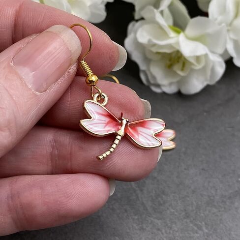 Dragonfly Pink Enamel Charm Earrings - Elegant Enamel Charms on Nickel Free Gold Hooks : 38mm in Saudi Arabia