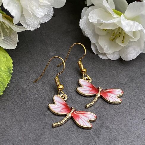 Dragonfly Pink Enamel Charm Earrings - Elegant Enamel Charms on Nickel Free Gold Hooks : 38mm in Saudi Arabia