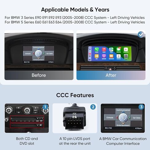 ستيريو سيارة 8.8 بوصة 1920 * 720 بكسل لسيارة BMW 3/5 Series E90 E91 E92 E93 E60 E61 E63 E64 (2005-2008) نظام CCC، ترقية راديو المصنع Android Auto Wireless CarPlay بلوتوث IPS شاشة تعمل باللمس in Kuwait