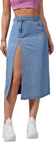 Verdusa Women's High Waisted Denim Midi Skirts Split Jean Skirts with Pockets in Saudi Arabia