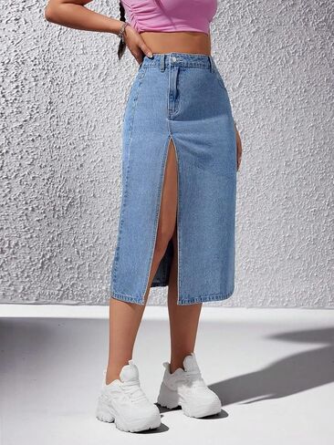 Verdusa Women's High Waisted Denim Midi Skirts Split Jean Skirts with Pockets in Saudi Arabia