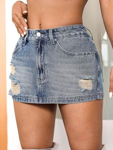 SHENHE Women's Distressed Denim Skirt Low Rise Ripped Bodycon Y2k Jean Mini Skirt in Saudi Arabia