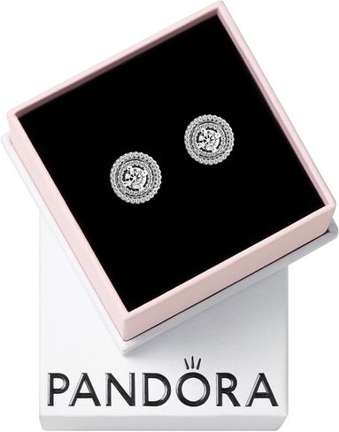 أقراط PANDORA المتلألئة ذات الهالة المزدوجة - هدية رائعة لها - أقراط نسائية أنيقة - من الفضة الإسترليني والزركونيا المكعبة، مع صندوق هدايا in Saudi Arabia