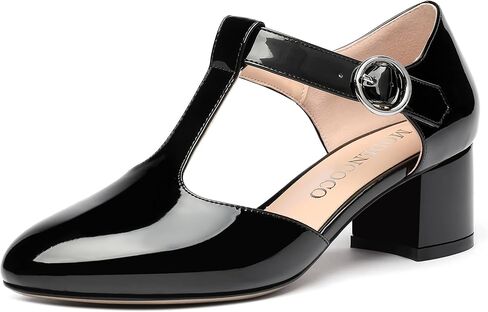 MODENCOCO Women's Party T Strap Fashion Round Toe Buckle Patent Chunky Low Heel Pumps Dress Shoes 2 Inch in Kuwait
