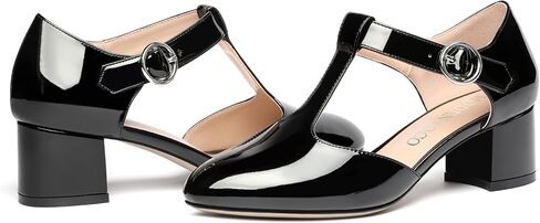 MODENCOCO Women's Party T Strap Fashion Round Toe Buckle Patent Chunky Low Heel Pumps Dress Shoes 2 Inch in Kuwait
