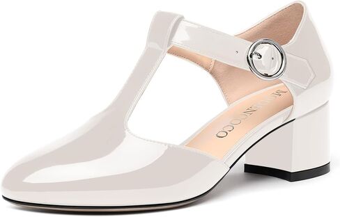 MODENCOCO Women's Party T Strap Fashion Round Toe Buckle Patent Chunky Low Heel Pumps Dress Shoes 2 Inch in Kuwait