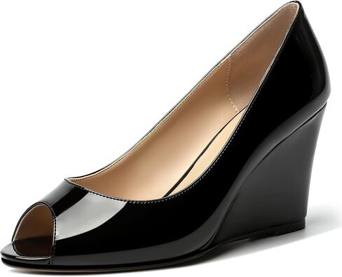 Womens Slip On Work Patent Peep Toe Fashion Wedge High Heel Pumps Shoes 3.3 Inch in Saudi Arabia