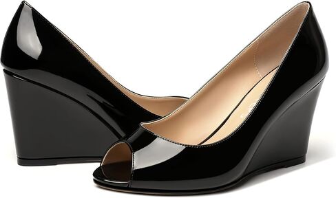 Womens Slip On Work Patent Peep Toe Fashion Wedge High Heel Pumps Shoes 3.3 Inch in Saudi Arabia