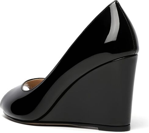 Womens Slip On Work Patent Peep Toe Fashion Wedge High Heel Pumps Shoes 3.3 Inch in Saudi Arabia