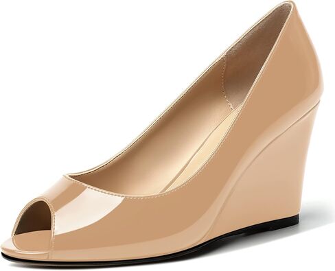 Womens Slip On Work Patent Peep Toe Fashion Wedge High Heel Pumps Shoes 3.3 Inch in Saudi Arabia
