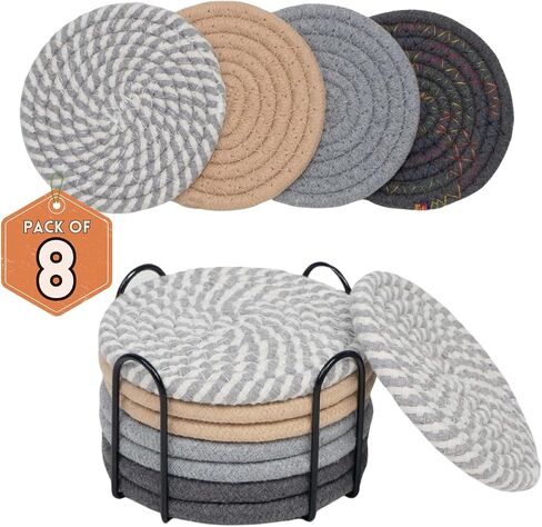 8 Pcs Drink Coasters with Holder, 4 Colors Absorbent Coasters for All Cups Minimalist Cotton Woven Coasters Set for Home Decor, Tabletop Protection, 4.3 Inch.(Dark) in Saudi Arabia