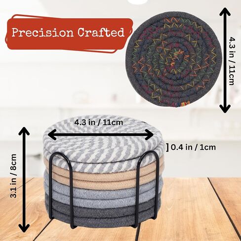 8 Pcs Drink Coasters with Holder, 4 Colors Absorbent Coasters for All Cups Minimalist Cotton Woven Coasters Set for Home Decor, Tabletop Protection, 4.3 Inch.(Dark) in Saudi Arabia