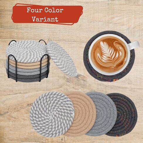 8 Pcs Drink Coasters with Holder, 4 Colors Absorbent Coasters for All Cups Minimalist Cotton Woven Coasters Set for Home Decor, Tabletop Protection, 4.3 Inch.(Dark) in Saudi Arabia