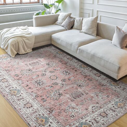Machine Washable Rug 4x6 Area Rug, Boho Rugs for Bedroom Bedside Living Room Dining Room Office, Anti Slip Low-Pile Stain Resistant Printed Vintage Floral Carpet, Brick in Saudi Arabia