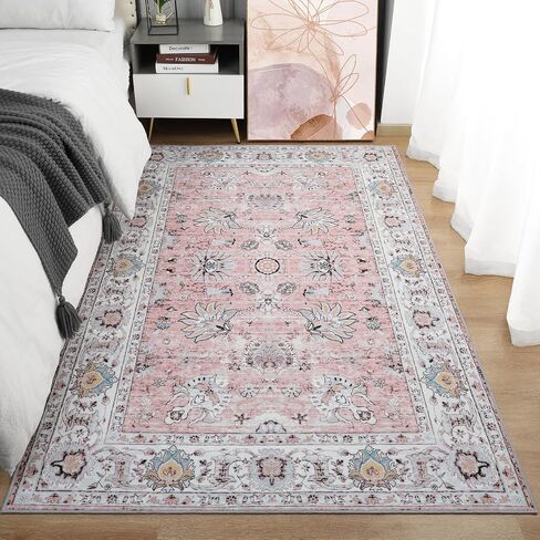 Machine Washable Rug 4x6 Area Rug, Boho Rugs for Bedroom Bedside Living Room Dining Room Office, Anti Slip Low-Pile Stain Resistant Printed Vintage Floral Carpet, Brick in Saudi Arabia