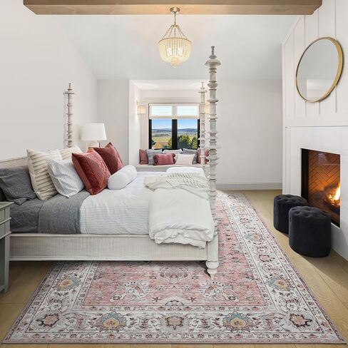 Machine Washable Rug 4x6 Area Rug, Boho Rugs for Bedroom Bedside Living Room Dining Room Office, Anti Slip Low-Pile Stain Resistant Printed Vintage Floral Carpet, Brick in Saudi Arabia