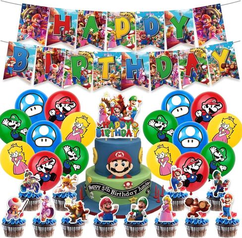 تتضمن لوازم حفلات أعياد الميلاد لماريو لافتة عيد ميلاد سعيد مستوحاة من ماريو - أعلى الكعكة - 24 قطعة علوية للكب كيك - 16 بالونة in Kuwait