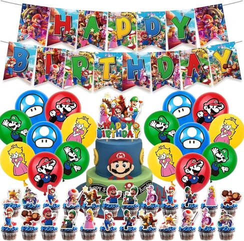 تتضمن لوازم حفلات أعياد الميلاد لماريو لافتة عيد ميلاد سعيد مستوحاة من ماريو - أعلى الكعكة - 24 قطعة علوية للكب كيك - 16 بالونة in Kuwait