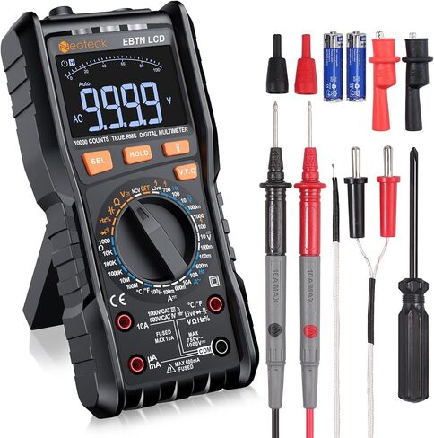 جهاز قياس رقمي متعدد Neoteck True RMS 9999، شاشة LCD EBTN بإضاءة خلفية كبيرة، تصميم متكامل يدوي وتلقائي مزدوج المدى - أسود in Kuwait