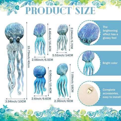 RattanView 5 Pcs Wood Octopus Wall Decor Nautical Blue Octopus Wall Hanging Farmhouse Ocean Beach Octopus Wall Art Wood Rustic Decorative Coastal Octopus Wall Sculptures for Home Office Indoor Outdoor in Saudi Arabia
