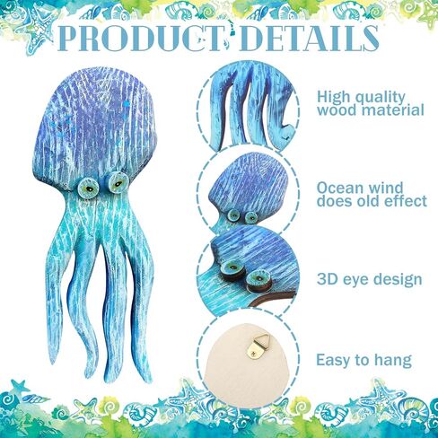 RattanView 5 Pcs Wood Octopus Wall Decor Nautical Blue Octopus Wall Hanging Farmhouse Ocean Beach Octopus Wall Art Wood Rustic Decorative Coastal Octopus Wall Sculptures for Home Office Indoor Outdoor in Saudi Arabia