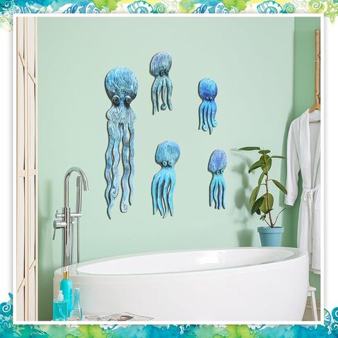 RattanView 5 Pcs Wood Octopus Wall Decor Nautical Blue Octopus Wall Hanging Farmhouse Ocean Beach Octopus Wall Art Wood Rustic Decorative Coastal Octopus Wall Sculptures for Home Office Indoor Outdoor in Saudi Arabia