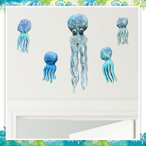 RattanView 5 Pcs Wood Octopus Wall Decor Nautical Blue Octopus Wall Hanging Farmhouse Ocean Beach Octopus Wall Art Wood Rustic Decorative Coastal Octopus Wall Sculptures for Home Office Indoor Outdoor in Saudi Arabia