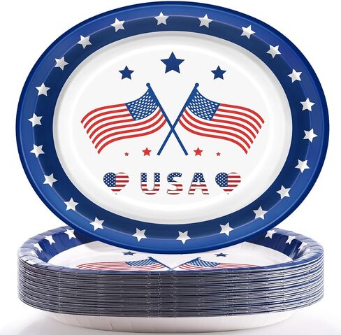 50 طبقًا من أطباق الرابع من يوليو الورقية باللون الأزرق البيضاوي مقاس 30.48 سم × 25.4 سم - لوازم حفلات الرابع من يوليو ديكورات وطنية لعيد الاستقلال in Kuwait