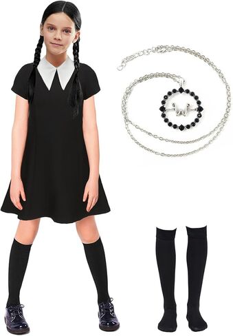 Girls Dress Costume Kids Black Dress with Socks Necklace Short Sleeve Casual Dress Halloween Costumes in Kuwait