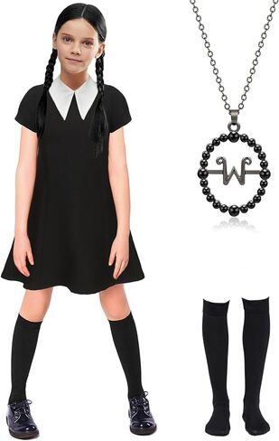 Girls Dress Costume Kids Black Dress with Socks Necklace Short Sleeve Casual Dress Halloween Costumes in Kuwait