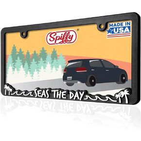Beach License Plate Frame Seas The Day Plate Holder | Cute License Plate Frame Ocean Mermaid with Palm Trees | Beach Themed Tag Cover | Great Gift for Surfing Enthusiast | Made in The USA by SPIFFY