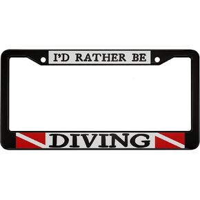 I'd Rather Be Diving Aluminum Alloy License Plate Frame Scuba Flag Red and White Applicable to US Standard Car Metal Car Tag Black Front License Plate Cover Holder for Women Men(1 Pack)
