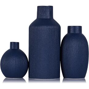 XMGZQ Small Navy Blue Vase,Blue Ceramic Flower Vase,Minimalist Modern Home Decor,Pampas Grass Vases for Table,Shelf Bookshelf,Mantel,Entryway and Centerpieces,Dark Blue Striped Vase Set of 3