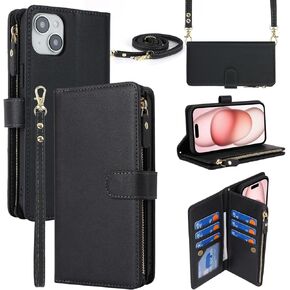 iCoverCase for iPhone 15 Plus Crossbody Case with Strap, Wallet Phone Case Card Holder [Not Detachable] PU Leather Kickstand Zipper Lanyard Case for iPhone 15 Plus 6.7" (Claret)