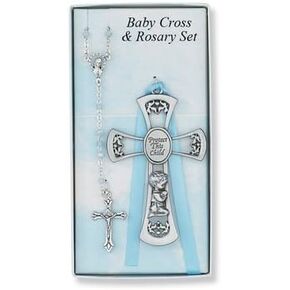 Pewter Baby Boy Cross Crib Medal & Rosary Set, Childrens Rosary
