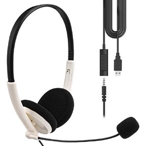 GEEKRIA USB Headset with Mic and Mute Option, Wired Headphone for PC, Laptop, Computer Headset with Noise Cancelling Microphone, All Day Comfort for Meetings, Call Center, School (Off White)