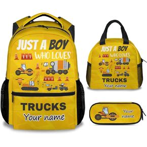 School Backpack for Boys - 17 Inch Large Capacity Aesthetic Construction Kid Backpack - Yellow Durable Truck Bookbag for School, Travel and Camp