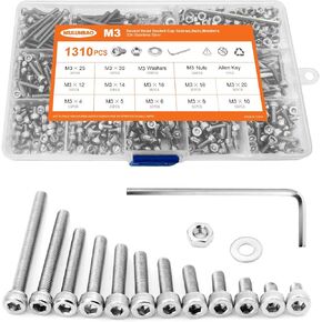 1310PCS M3 x 4/5/6/8/10/12/14/16/18/20/25/30mm Hex Socket Head Cap Screws Bolts and Nuts Flat Washers Assortment Kit, 304 Stainless Steel, Metric Machine Fully Thread, Allen Hex Drive in Kuwait
