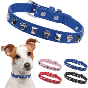 SCENEREAL Leather Dog Collars for Small Medium Dogs with Rivet, Adjustable Studded Cute Dog Collar for Pet Boy Girl Kitten Cats, Bling Spiked Puppy Collars, Blue S