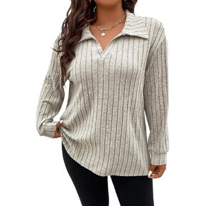 WDIRARA Women's Plus Size V Neck Ribbed Knit Sweatshirt Drop Shoulder Long Sleeve Collared Casual Pullovers