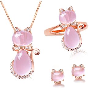 Uloveido Girl's Cute Cat Animal Jewelry Set Created Pink Opal Cat's Eye Stud Earrings Necklace Ring Y427
