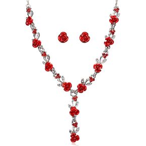 Fuqimanman2020 3pcs Red Rose Flower Pendant Y Necklace Dangle Earrings Bracelets Set for Women Girls Bride Wedding Mother’s Day Gifts Aesthetic Jewelry