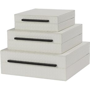 Kingflux Ivory Shagreen Set of 3pcs Decorative Boxes with Brushed Gold Handles For Modern Home, Jewelry Boxes,Faux Leather Square Storage Boxes For Shelf Closet Cosmetic Vanity (Ivory& Gold)